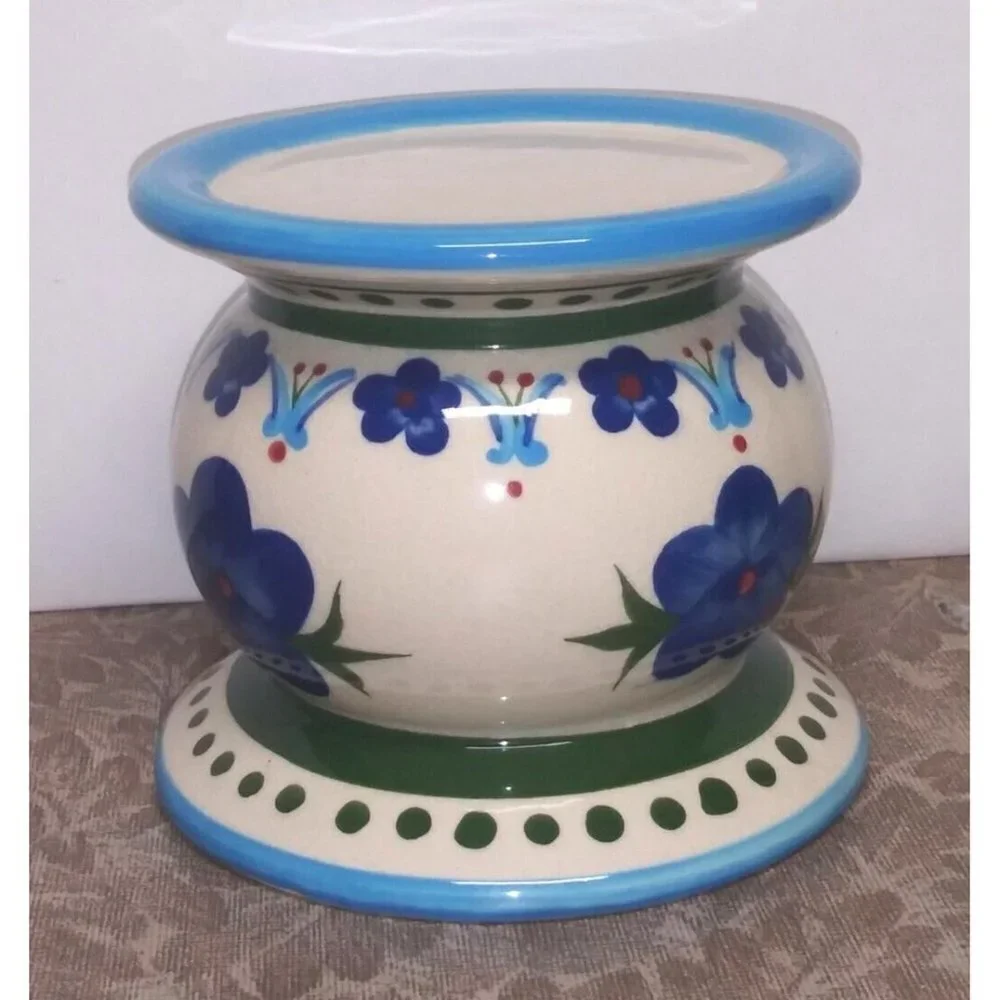 VTG Blue Ivory Ceramic Candle holder floral Mexican sunrise giftcraft pillar EUC